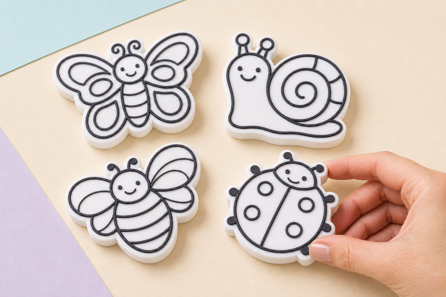 Quatro plaquinhas brancas do Kit Bichos: borboleta, caracol, abelha e joaninha